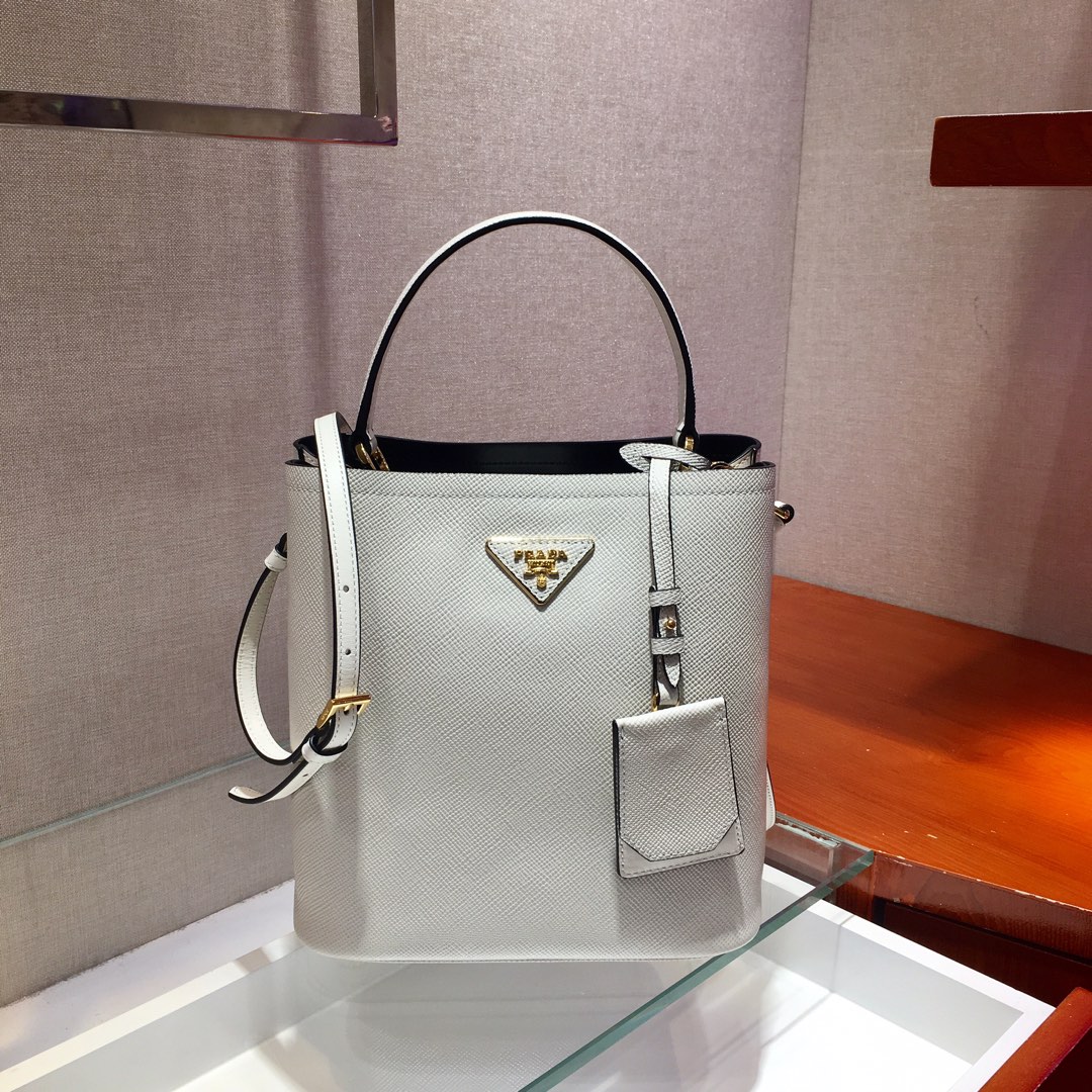 Prada Medium Panier Saffiano Leather Bag White/Black 1BA212